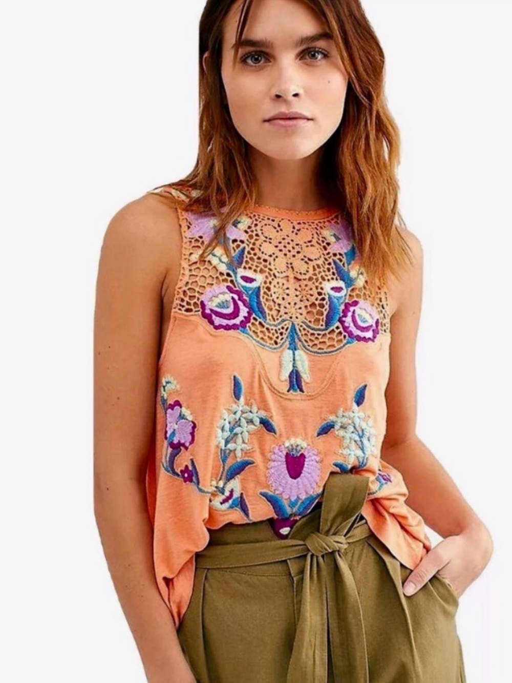 Free People Peach Crochet Yoke Tank with Multicolor Floral Embroidery